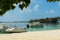 MALDIVES Ã¢â¬â November 19, 2017: tropical beach nature landscape, Kaafu Atoll, Kuda Huraa Island Royalty Free Stock Photo